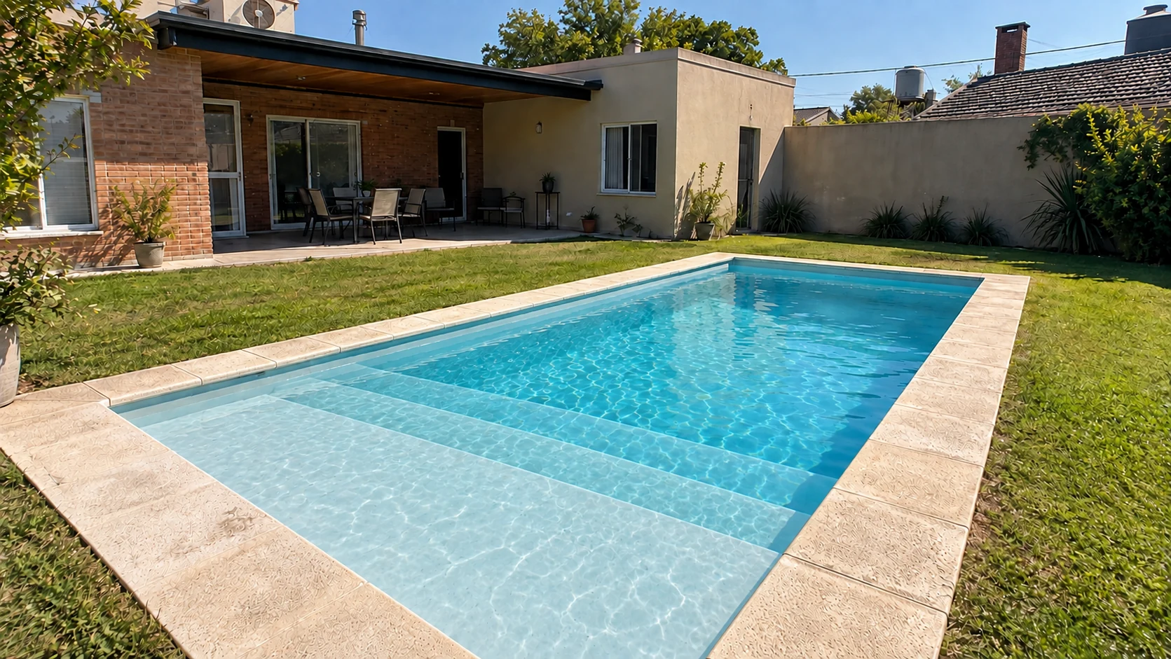 Piscina NATIVA junto a una vivienda y su jardín